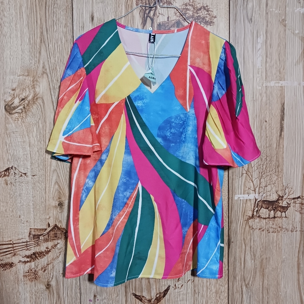 NWT Aifer Tropical Leaf Print Pleated Flutter Sleeve Blouse Size Medium